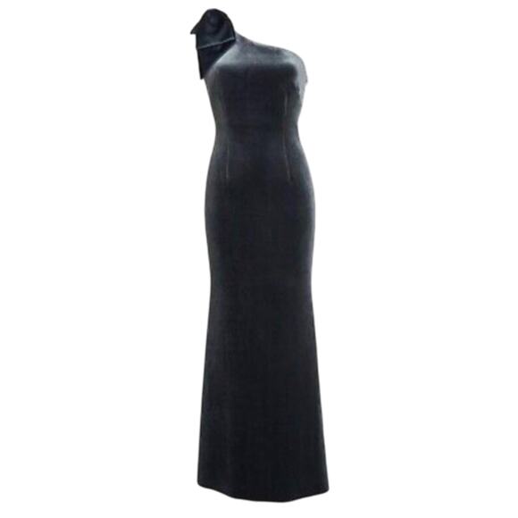 NWT ELIZA J Velvet One Shoulder Bow Accent Asymmetrical Gown Maxi Dress - Picture 5 of 11
